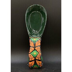 3D Butterfly & Stars Spoon Rest Ceramic & Silicone Handle 9” Green & Orange